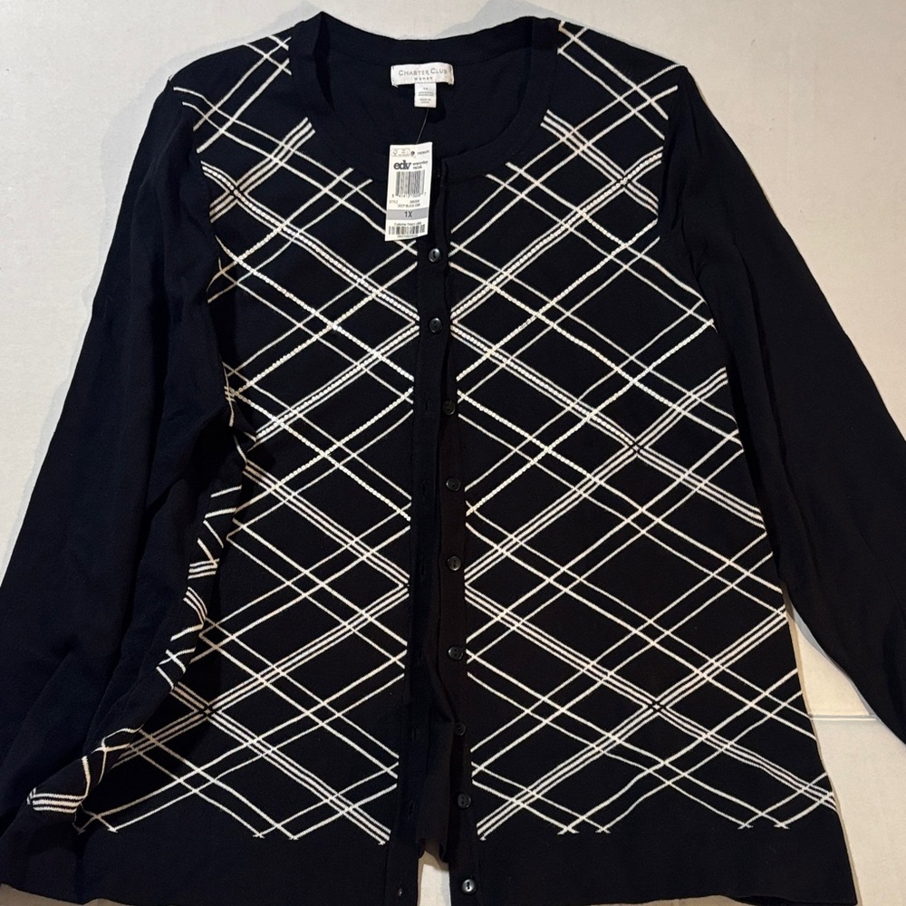 Charter club, woman  Black and White Checkered Cardigan